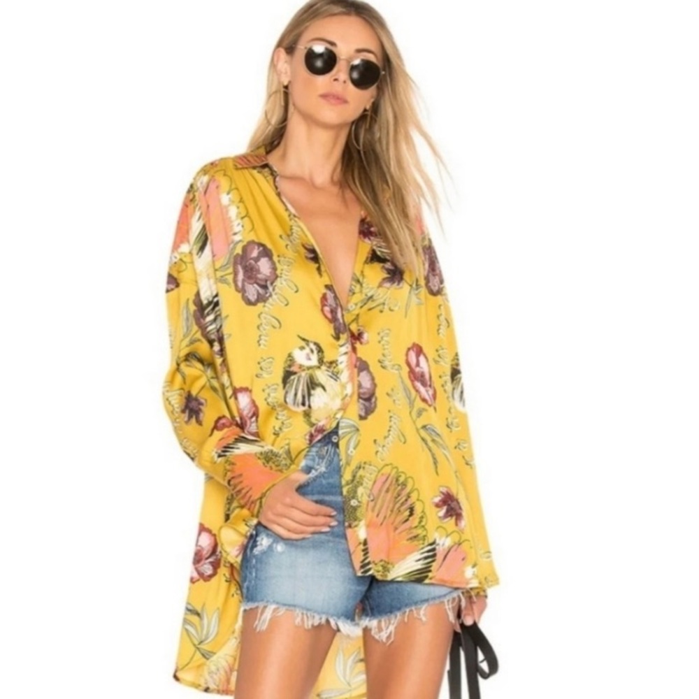 Free People Silky Nights Yellow Floral Bird Button Down Women's Size Medium M